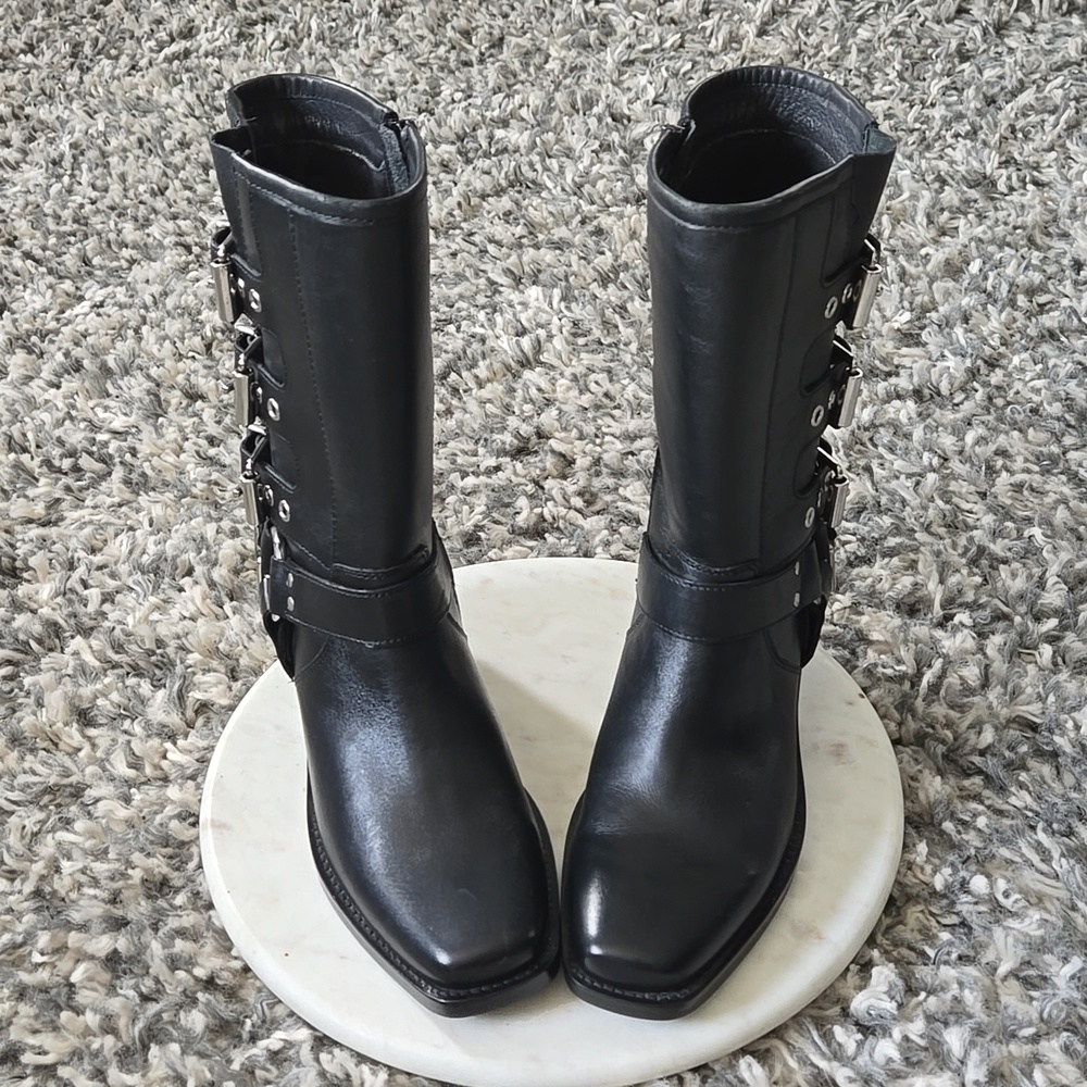 Black Leather Buckle Mid-Calf Women's Boots